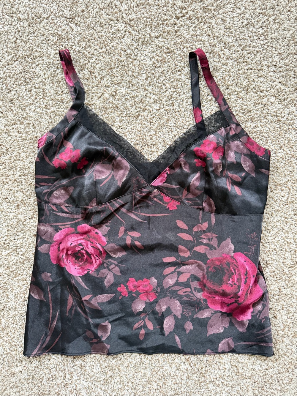 George Black Satin Floral Cami with Pink Roses